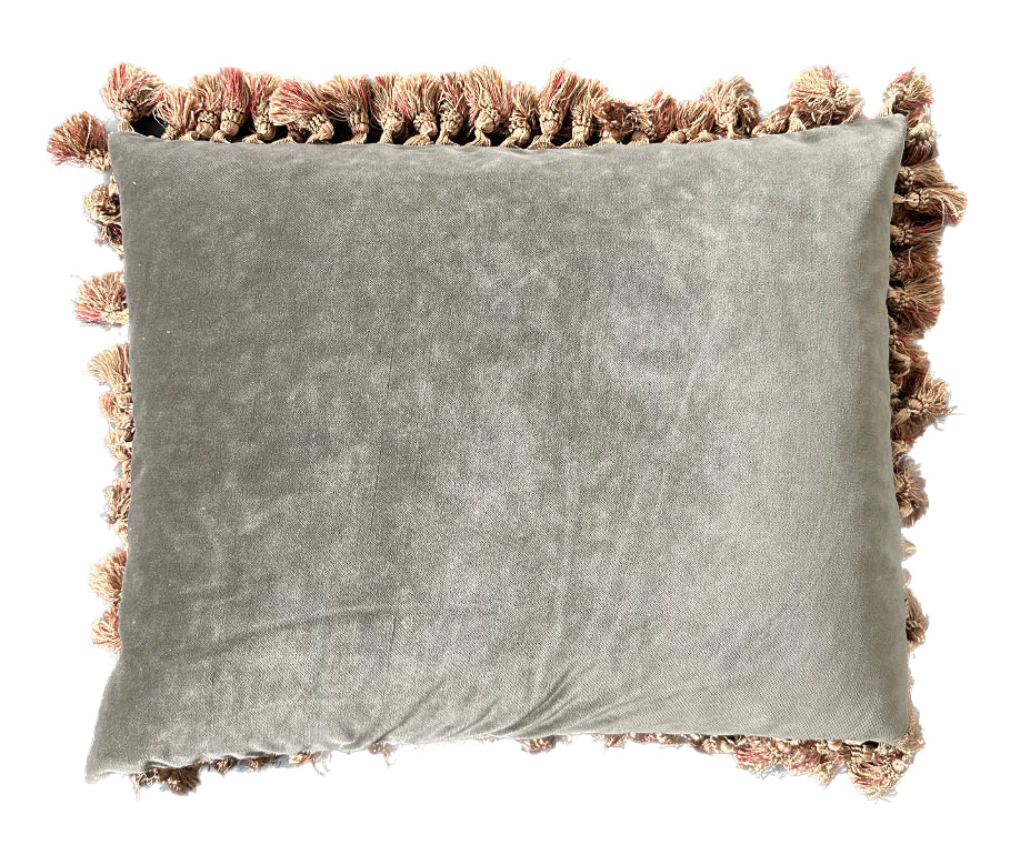 Handmade 19x24 yellow and brown dog pictorial wool Aubusson pillowcase with tassels by Ariana Rugs West Hollywood