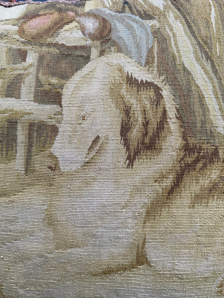 Handmade 19x24 yellow and brown dog pictorial wool Aubusson pillowcase with tassels by Ariana Rugs West Hollywood
