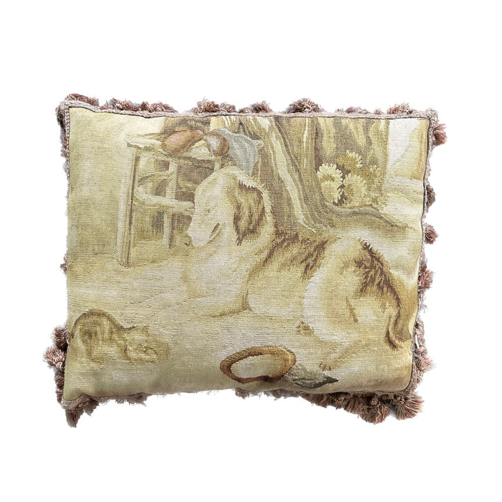 Handmade 19x24 yellow and brown dog pictorial wool Aubusson pillowcase with tassels by Ariana Rugs West Hollywood