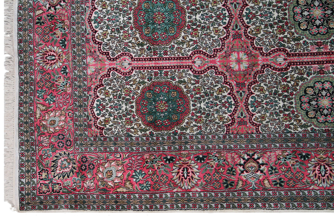 9x12 White & Pink Kashmir Floral Rug | Unique Artificial Silk Design