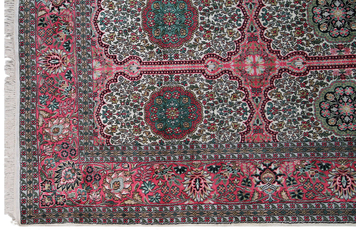 9x12 White & Pink Kashmir Floral Rug | Unique Artificial Silk Design
