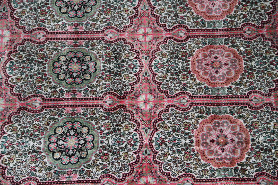 9x12 White & Pink Kashmir Floral Rug | Unique Artificial Silk Design