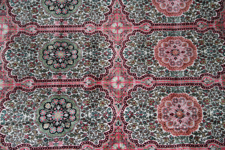 9x12 White & Pink Kashmir Floral Rug | Unique Artificial Silk Design