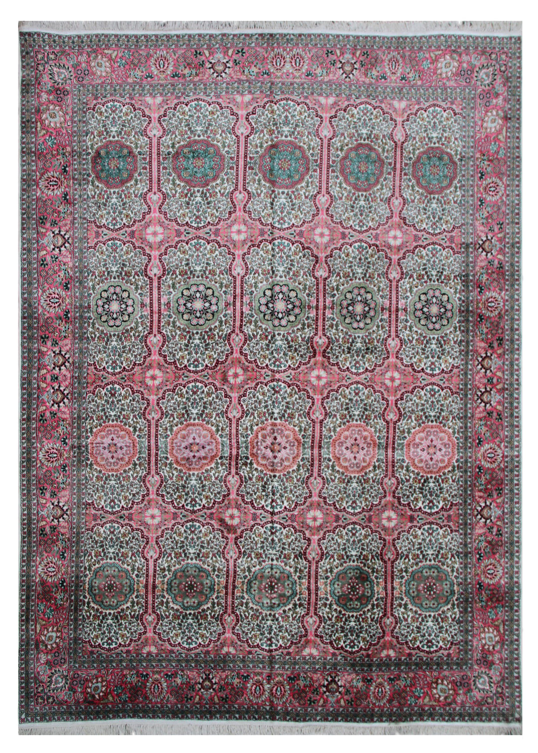 9x12 White & Pink Kashmir Floral Rug | Unique Artificial Silk Design
