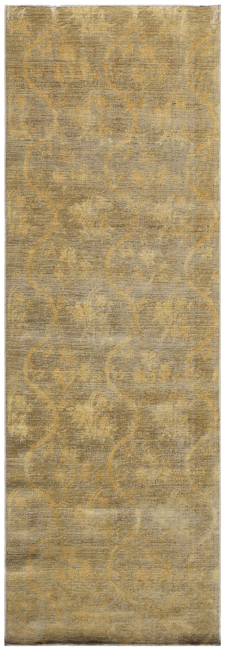 3'x9' Fine Wool And Silk Green Ivory Chinoiserie Design Ariana Transitional Runner Rug