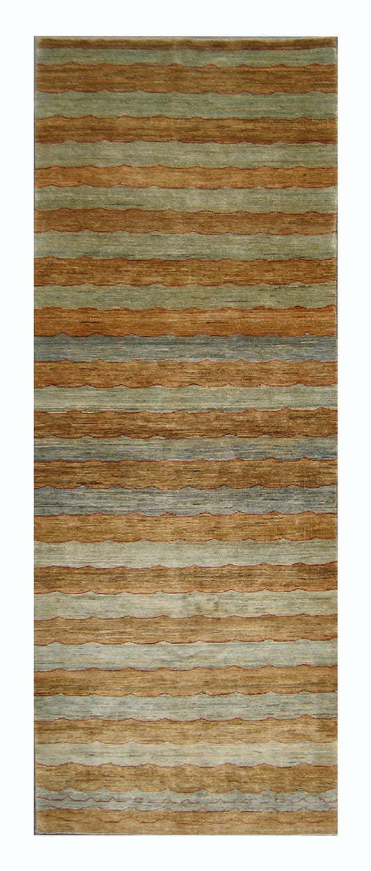 9.05 x  3.05 Blue and Gold Striped Hand-Knotted Ariana Modern Area Rug