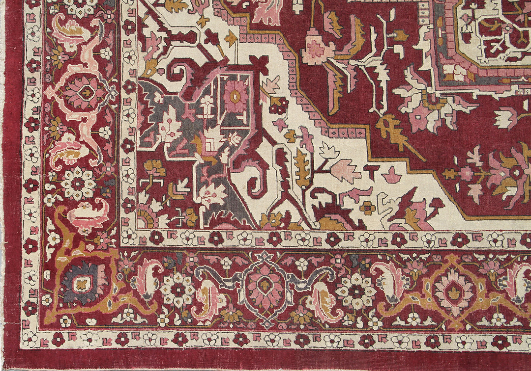 Antique Indian Rug | Burgundy Ivory Serapi Design Area Rug