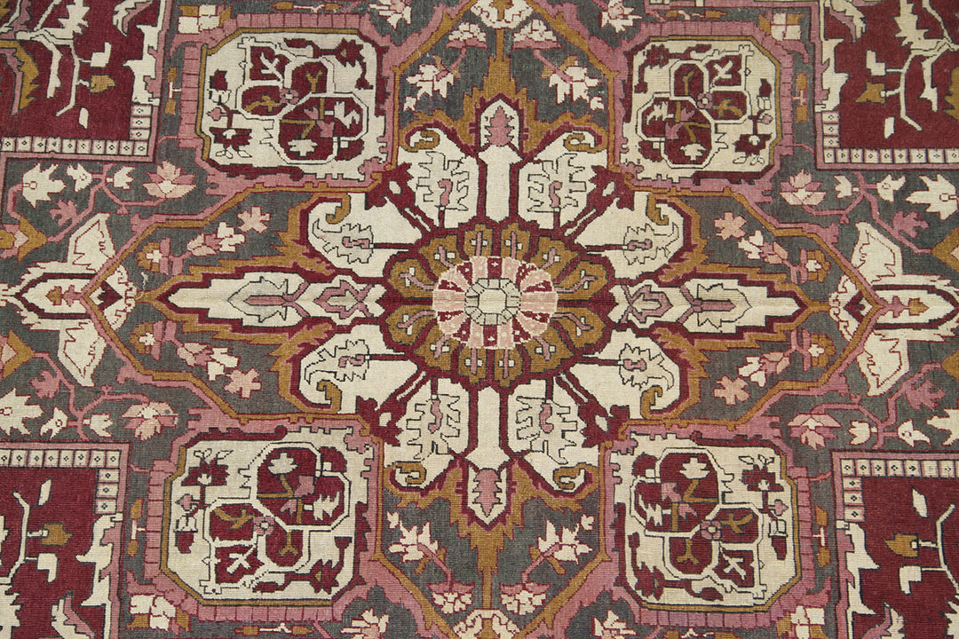 Antique Indian Rug | Burgundy Ivory Serapi Design Area Rug