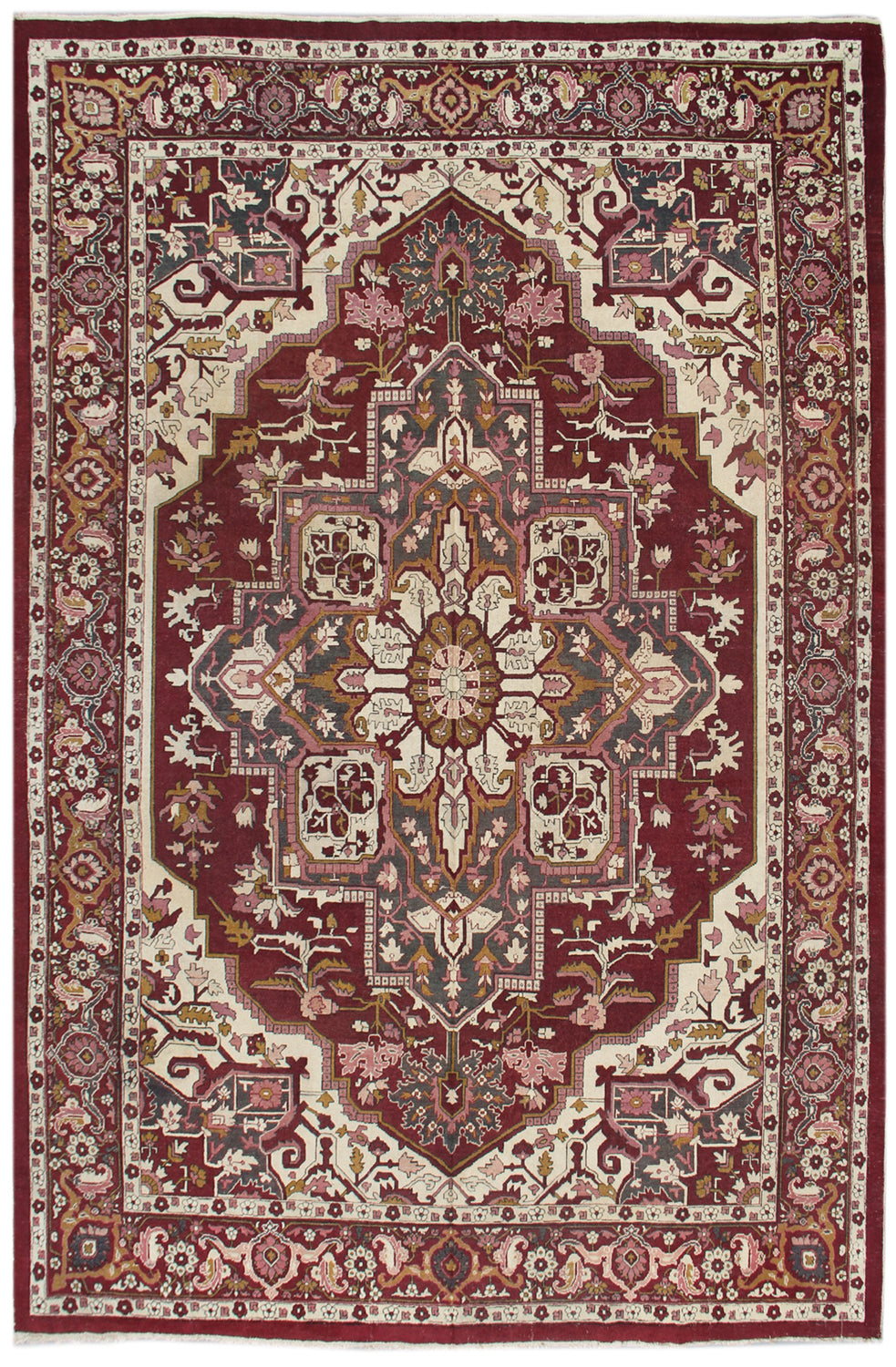 Antique Indian Rug | Burgundy Ivory Serapi Design Area Rug