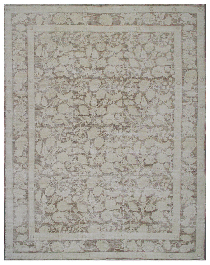 A contemporary Ariana Vintage rug with a floral Bessarabian design in soft brown and beige colors.