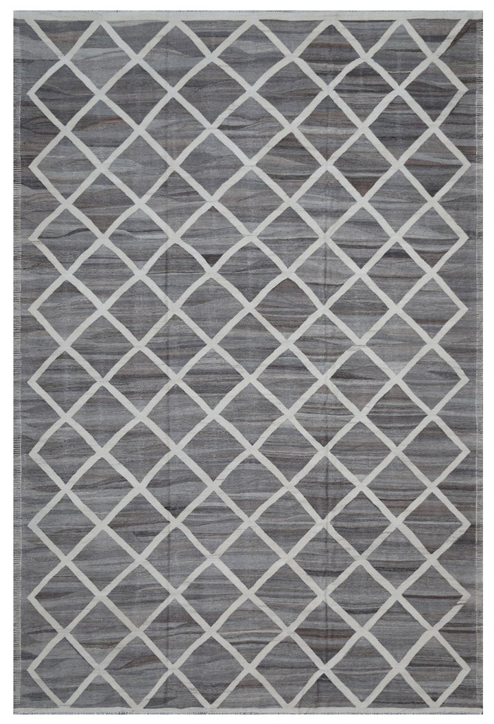 10'x13' Large Kilim | Geometric Wool | Grey Ivory Ariana Kilim Rug