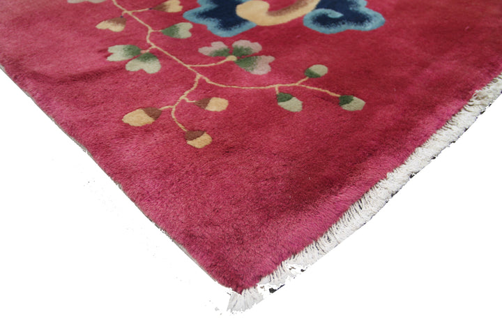 10'x13' Vintage Chinese Art Deco Rug | Red Floral Large Size Rug