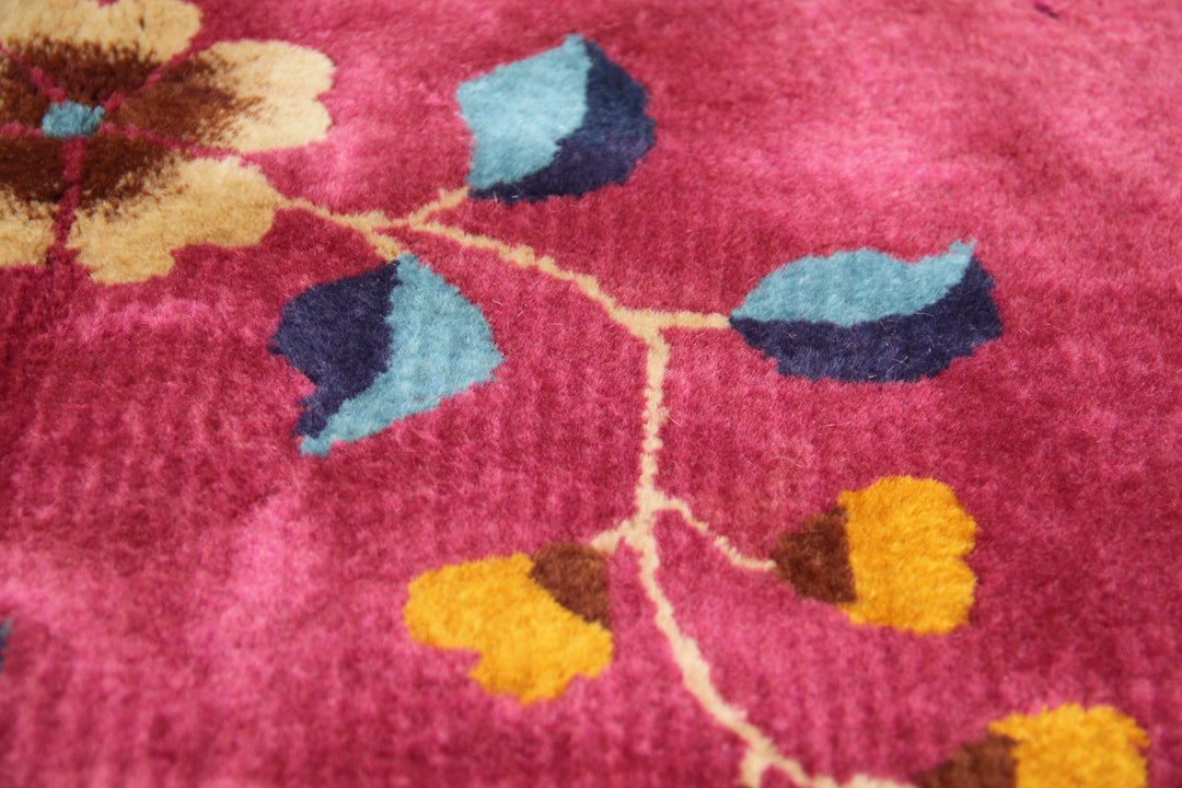 10'x13' Vintage Chinese Art Deco Rug | Red Floral Large Size Rug