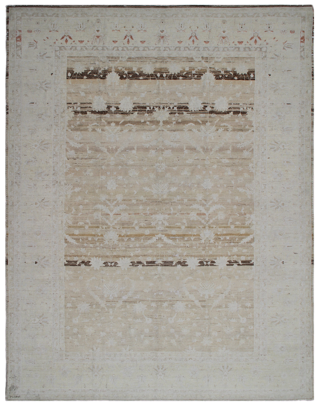 A rectangular rug with a pale brown and beige color scheme, featuring a traditional Persian design.