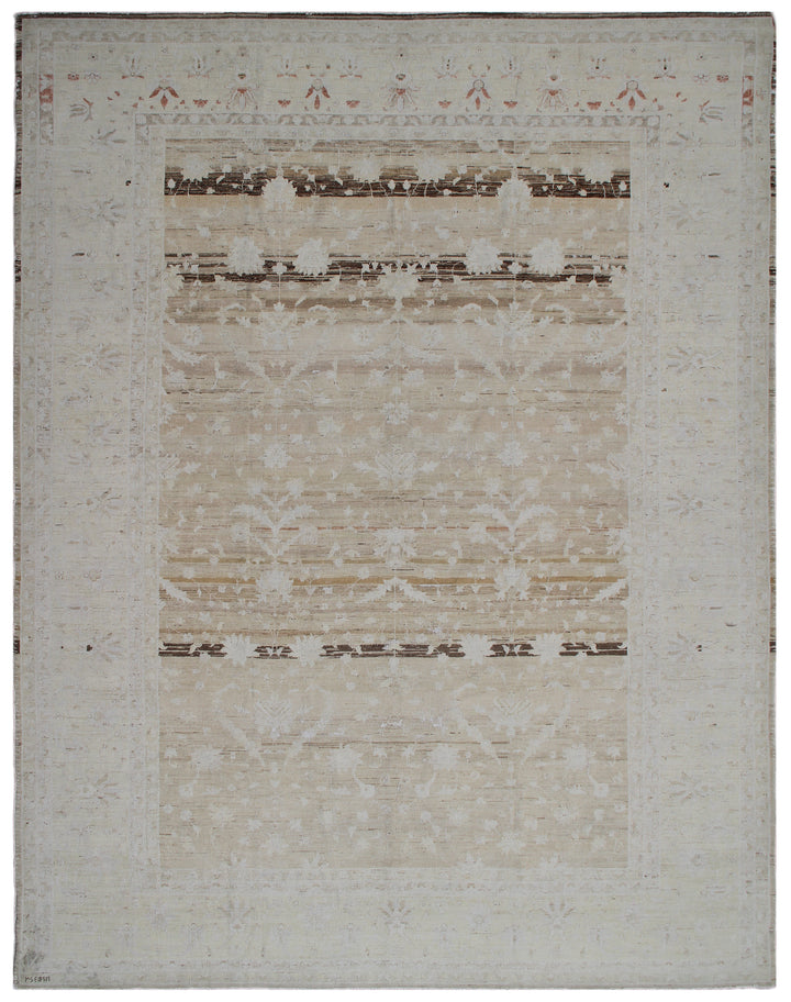 A rectangular rug with a pale brown and beige color scheme, featuring a traditional Persian design.