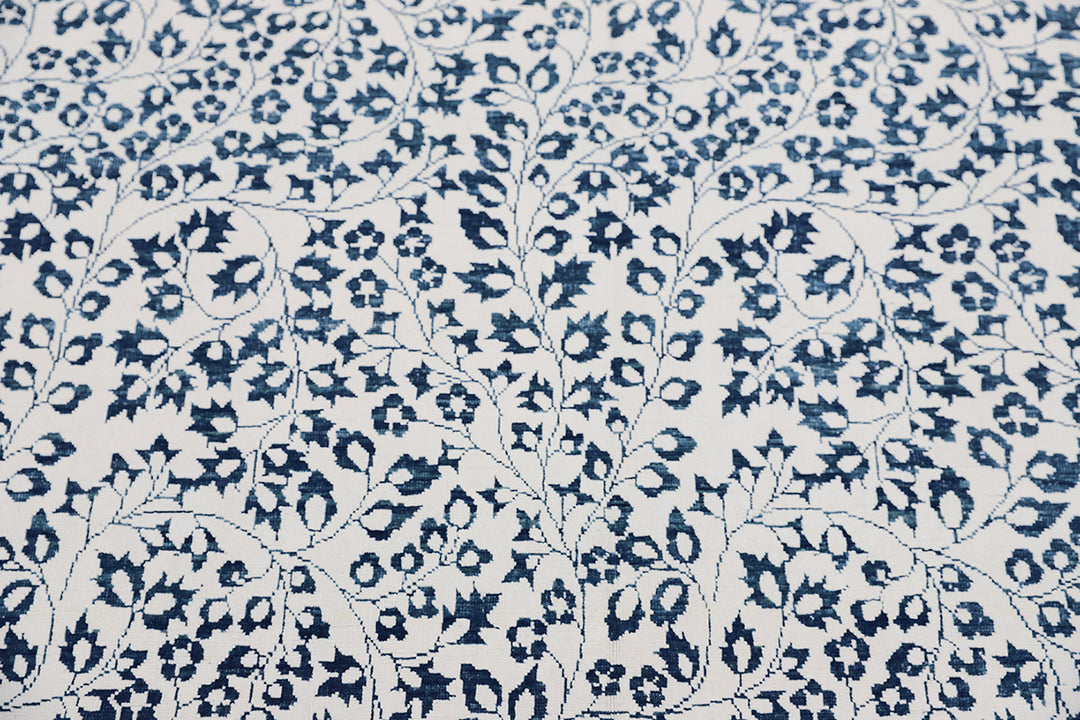 Unique 10x14 Ariana modern Millefleur French floral design rug in wool and cotton from a trusted dealer with over 45 years of experience.