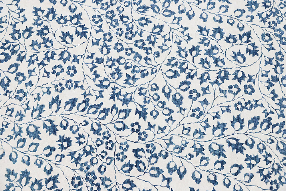 Unique 10x14 Ariana modern Millefleur French floral design rug in wool and cotton from a trusted dealer with over 45 years of experience.