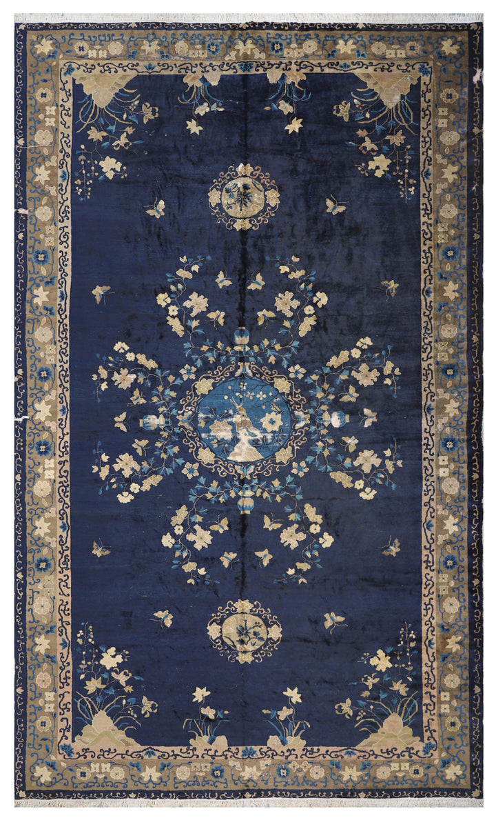 10'x17' Antique Chinese Rug | Art Deco | Navy Peking Rug