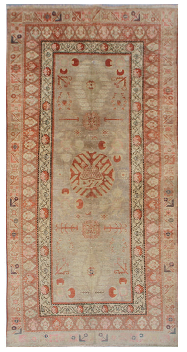 4'x10' Soft Grey Orange Antique Samarkand Khotan Area Rug