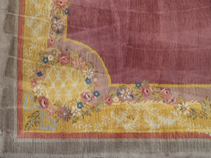 11'x15'Large Area Rug | Vintage Pink and Yellow Spanish Savonnerie Rug