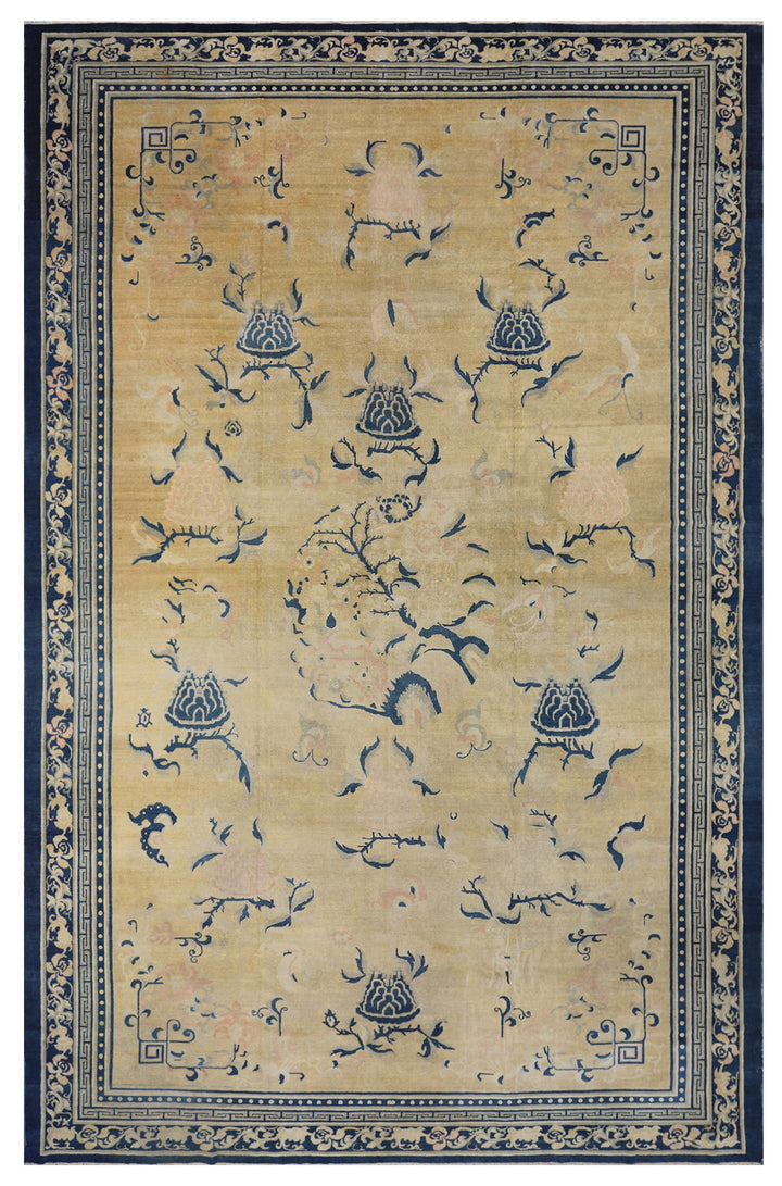 Large Antique Oriental Rug |Blue Yellow Wool Rug