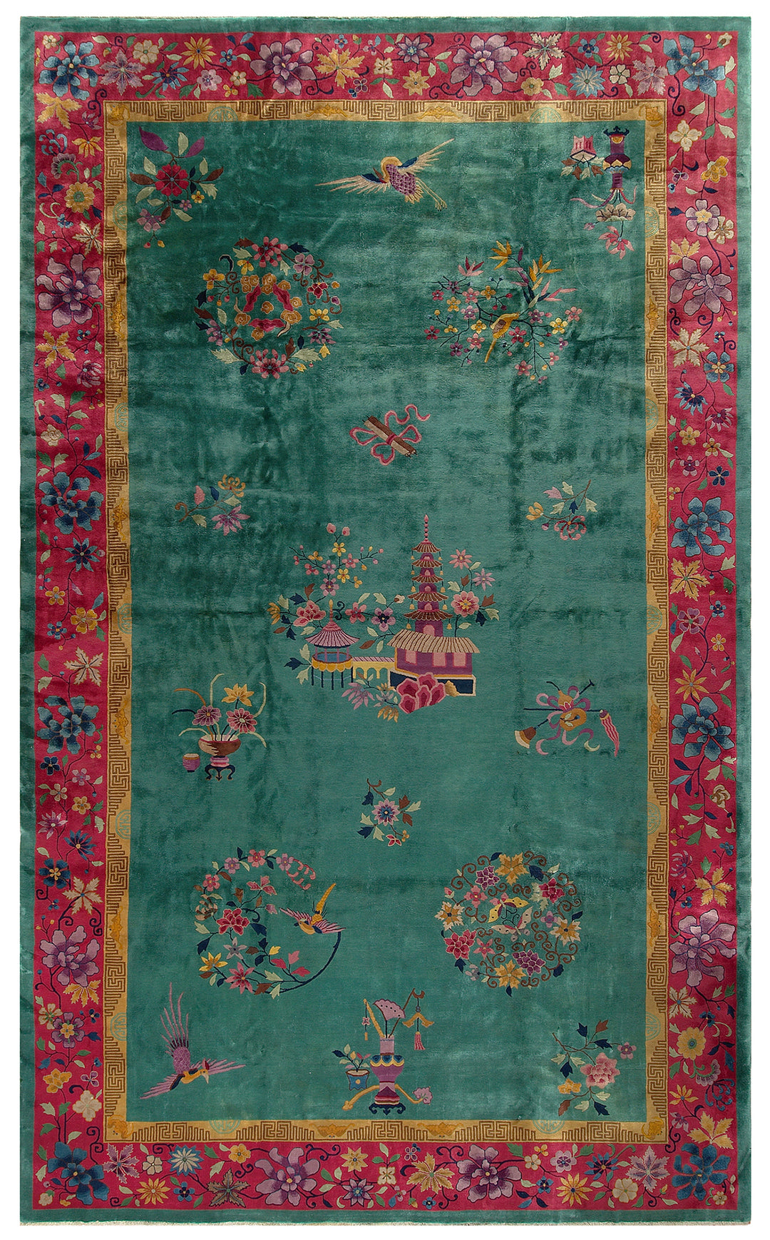 11'x18' Vintage Chinese Art Deco Rug | Vintage Green Area Rug