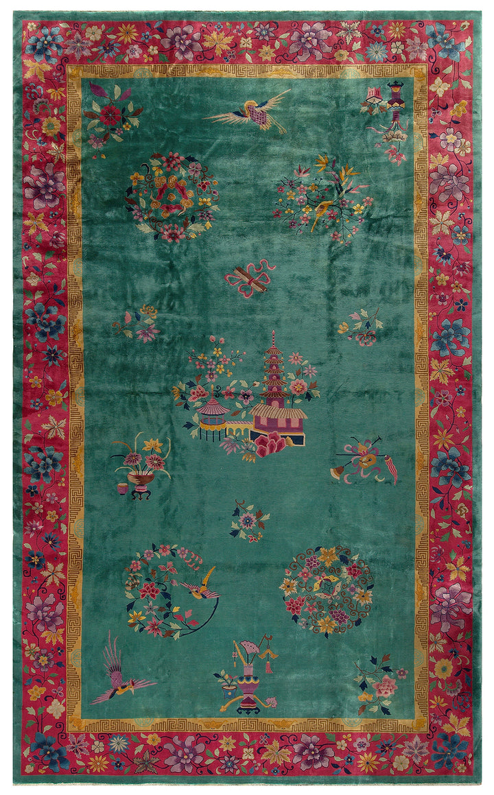 11'x18' Vintage Chinese Art Deco Rug | Vintage Green Extra Large Size Area Rug