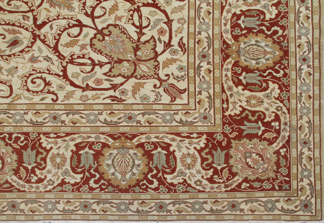 18.04 x 12.02 Grand palace size Egyptian hand-knotted area rug featuring an intricate floral motif in deep green and terracotta.