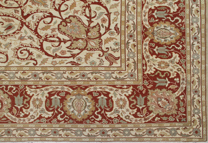 18.04 x 12.02 Grand palace size Egyptian hand-knotted area rug featuring an intricate floral motif in deep green and terracotta.