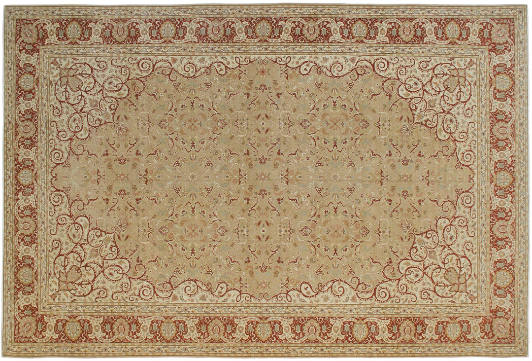 18.04 x 12.02 Grand palace size Egyptian hand-knotted area rug featuring an intricate floral motif in deep green and terracotta.