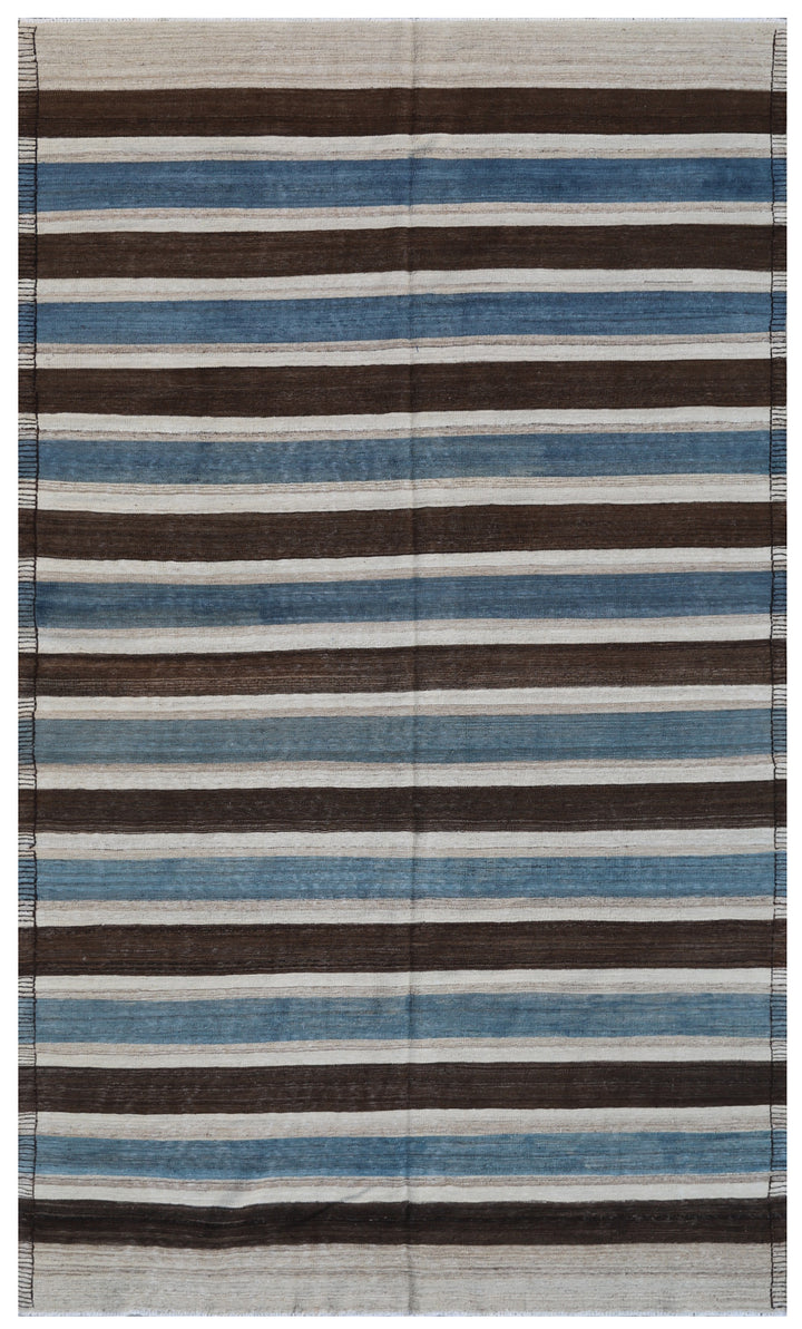 6'x10' Blue Brown White Stripe Design Ariana Kilim Rug