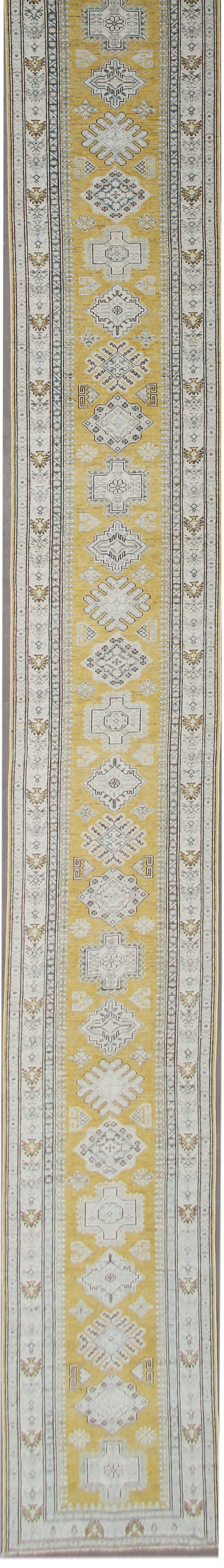 3x35 Yellow Gold Ivory Blue Brown Contemporary Caucasian Design Ariana Hazara Collection Long Runner Rug