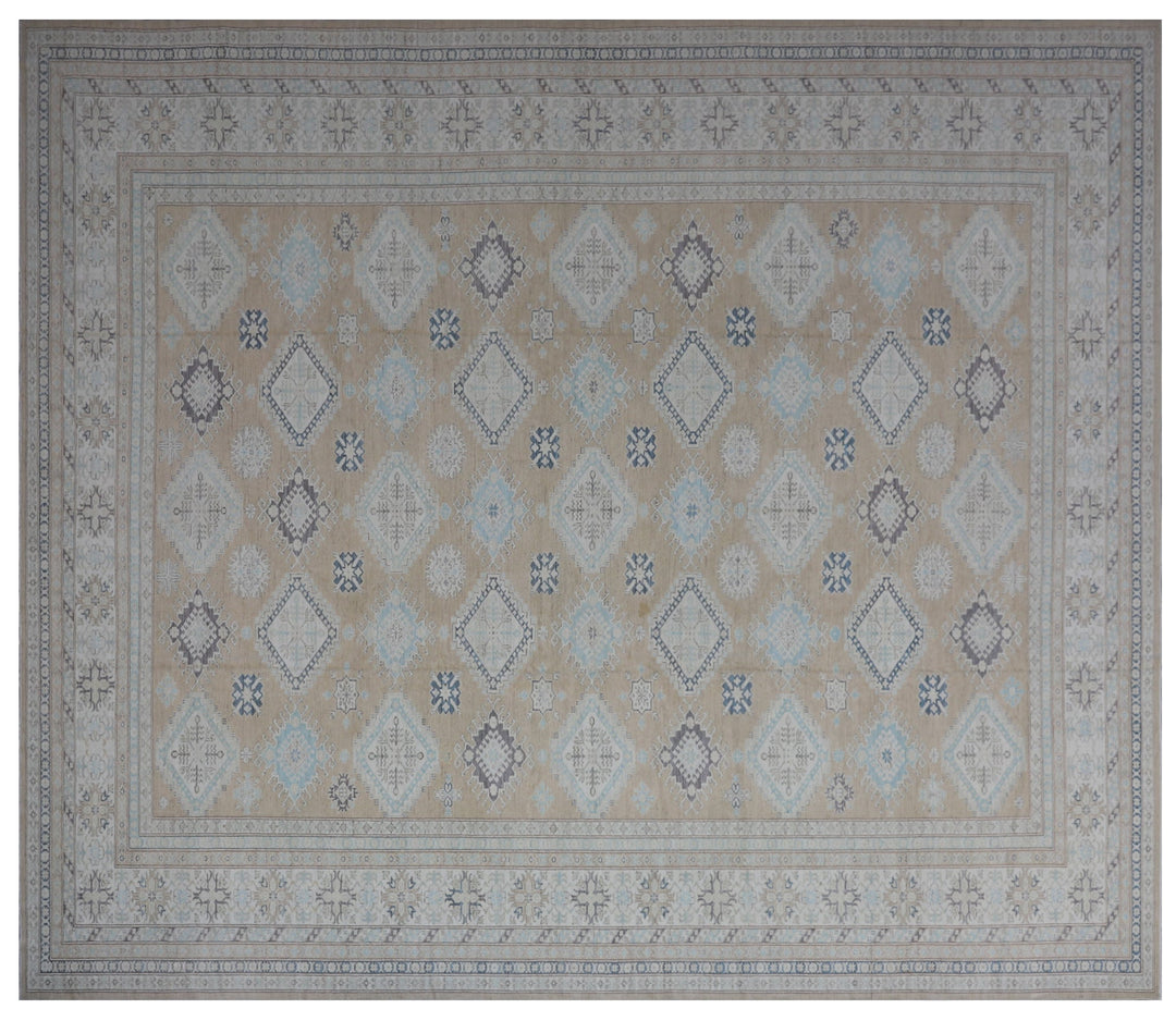 16'4" x 13'2" Large hand-knotted wool Ariana Hazara rug with Caucasian geometric motifs in tan, beige, gold, blue, black, and white.
