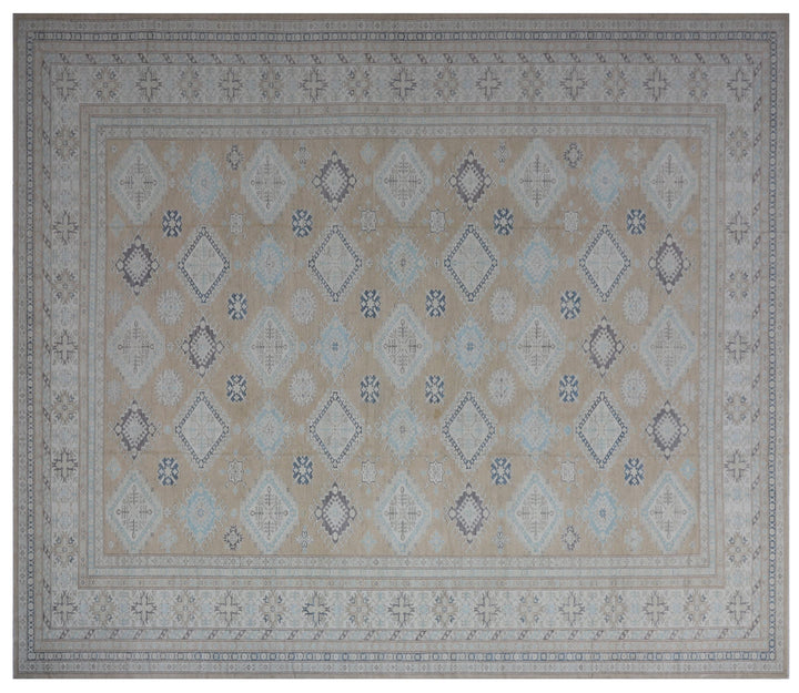 16'4" x 13'2" Large hand-knotted wool Ariana Hazara rug with Caucasian geometric motifs in tan, beige, gold, blue, black, and white.