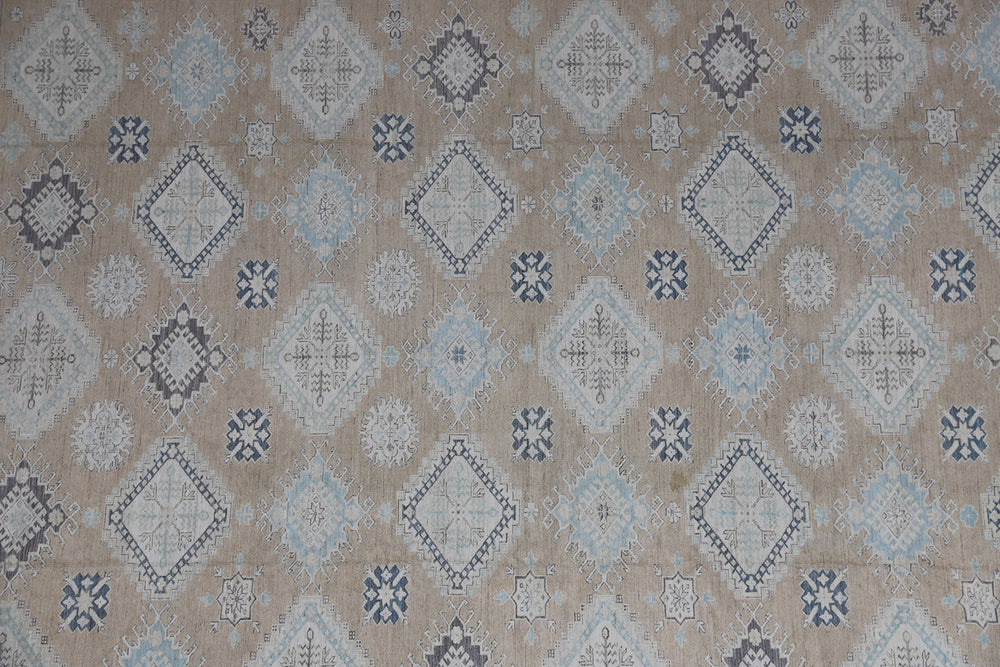 16'4" x 13'2" Large hand-knotted wool Ariana Hazara rug with Caucasian geometric motifs in tan, beige, gold, blue, black, and white.
