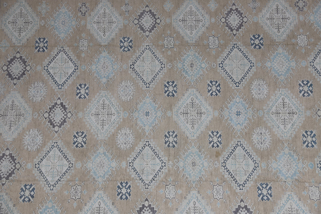 16'4" x 13'2" Large hand-knotted wool Ariana Hazara rug with Caucasian geometric motifs in tan, beige, gold, blue, black, and white.