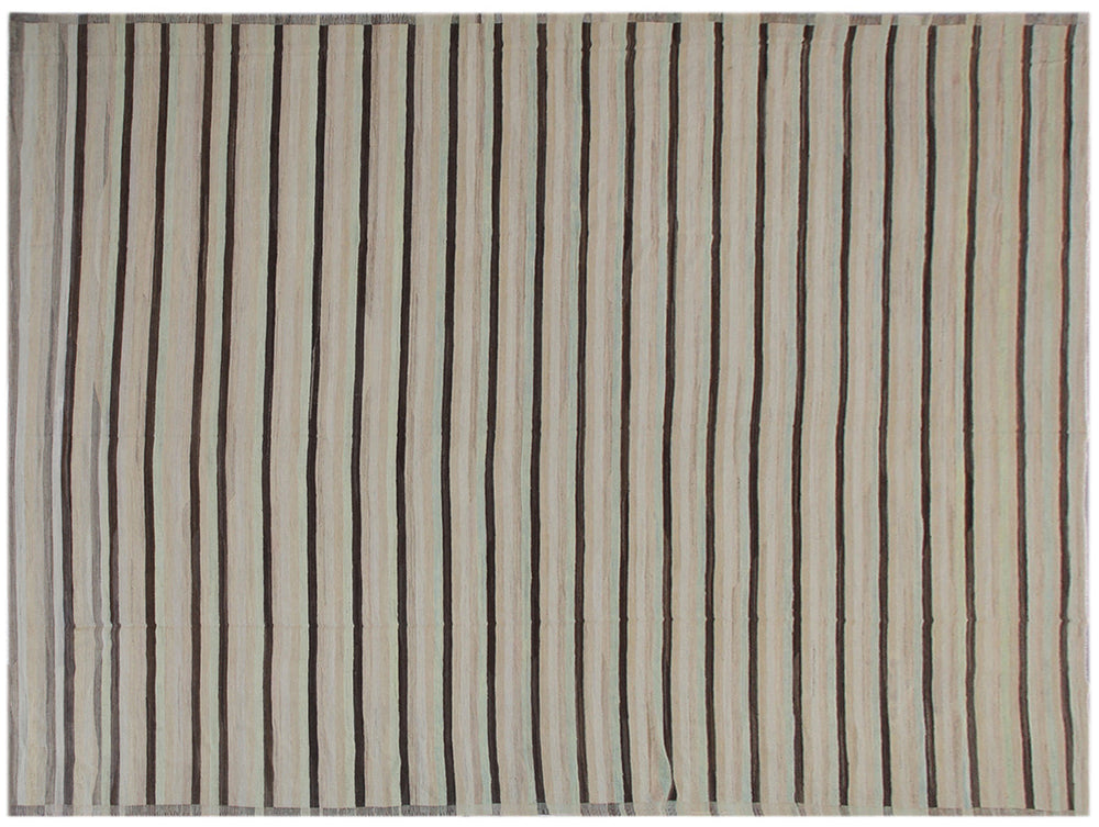 13'x20' Large |Striped Brown Ivory Soft Green| Ariana Hand-knotted Kilim