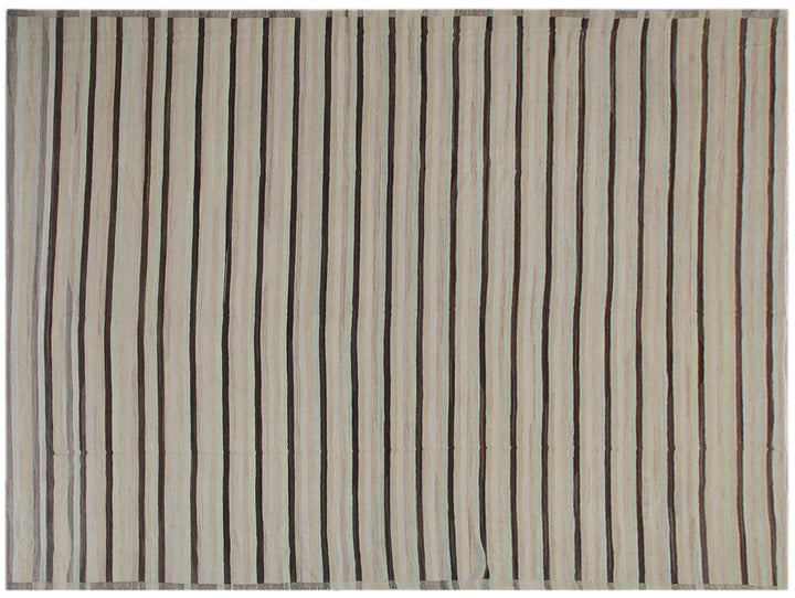 13'x20' Large |Striped Brown Ivory Soft Green| Ariana Hand-knotted Kilim