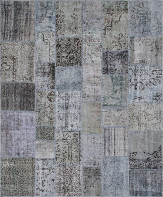 9.10 x  8.01 Hand-Knotted Wool Blue Grey Patchwork Ariana