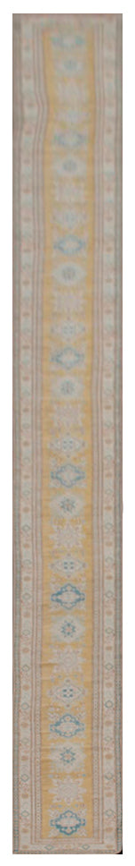 3x36 Yellow Gold Blue Beige Ivory Contemporary Caucasian Design Ariana Hazara Collection Long Runner Rug