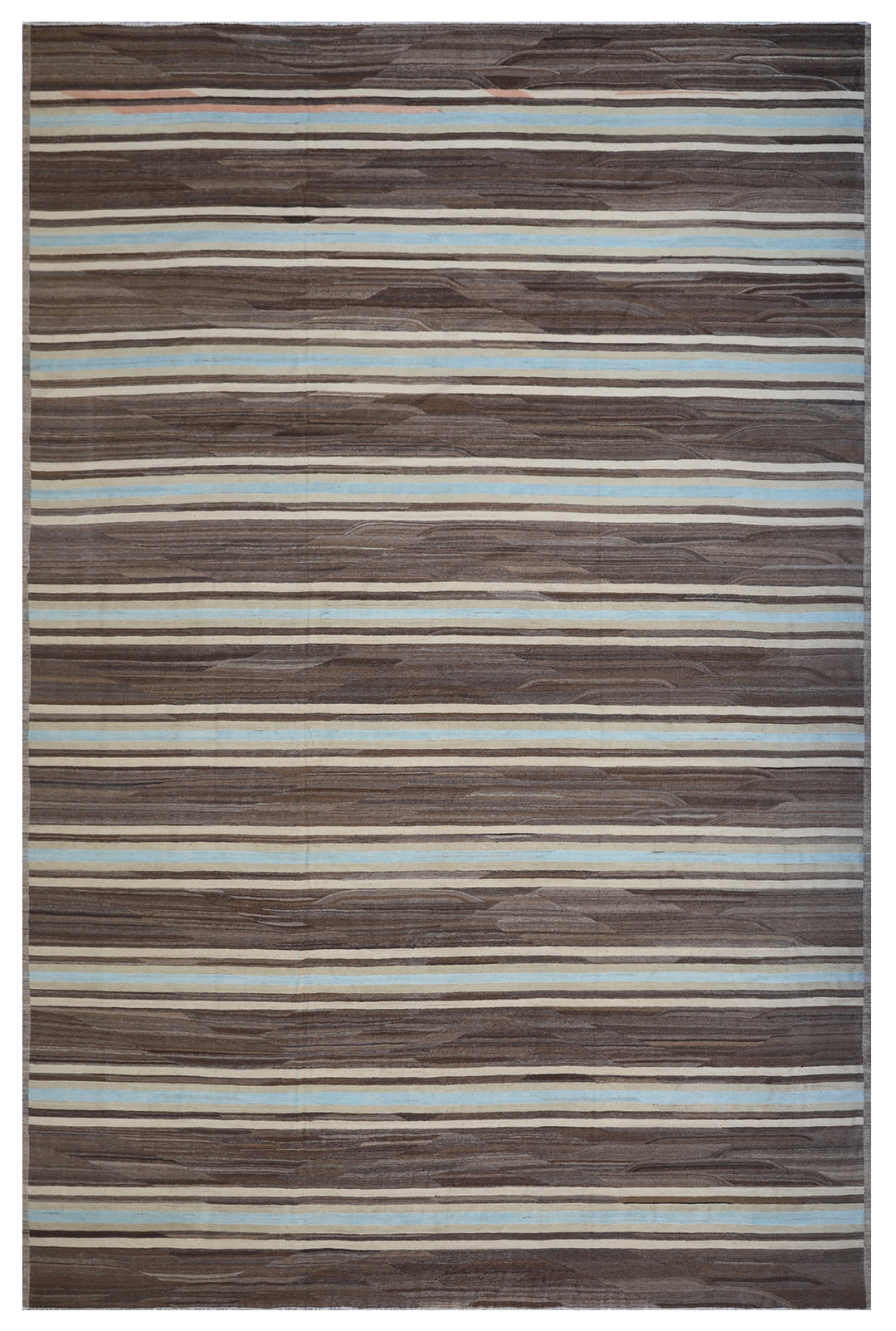 A rectangular area rug with a blue and brown striped design, wool on cotton base.