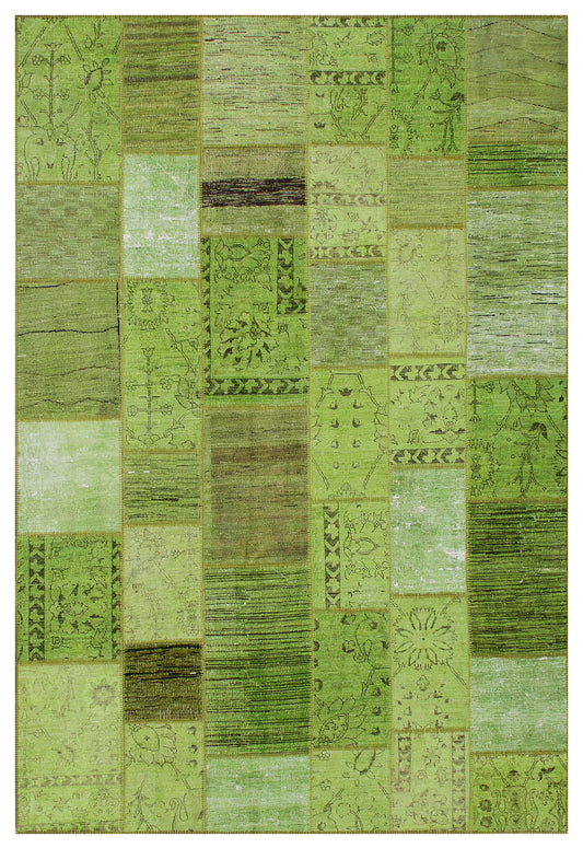 7'x9' Lime Green Hand Knotted Ariana Patchwork Overdyed Rug