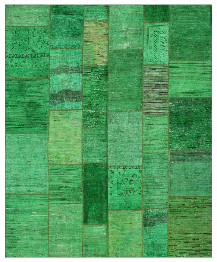 8'x10' Emerald Green Color Hand-Knotted Ariana Patchwork Overdyed Area Rug