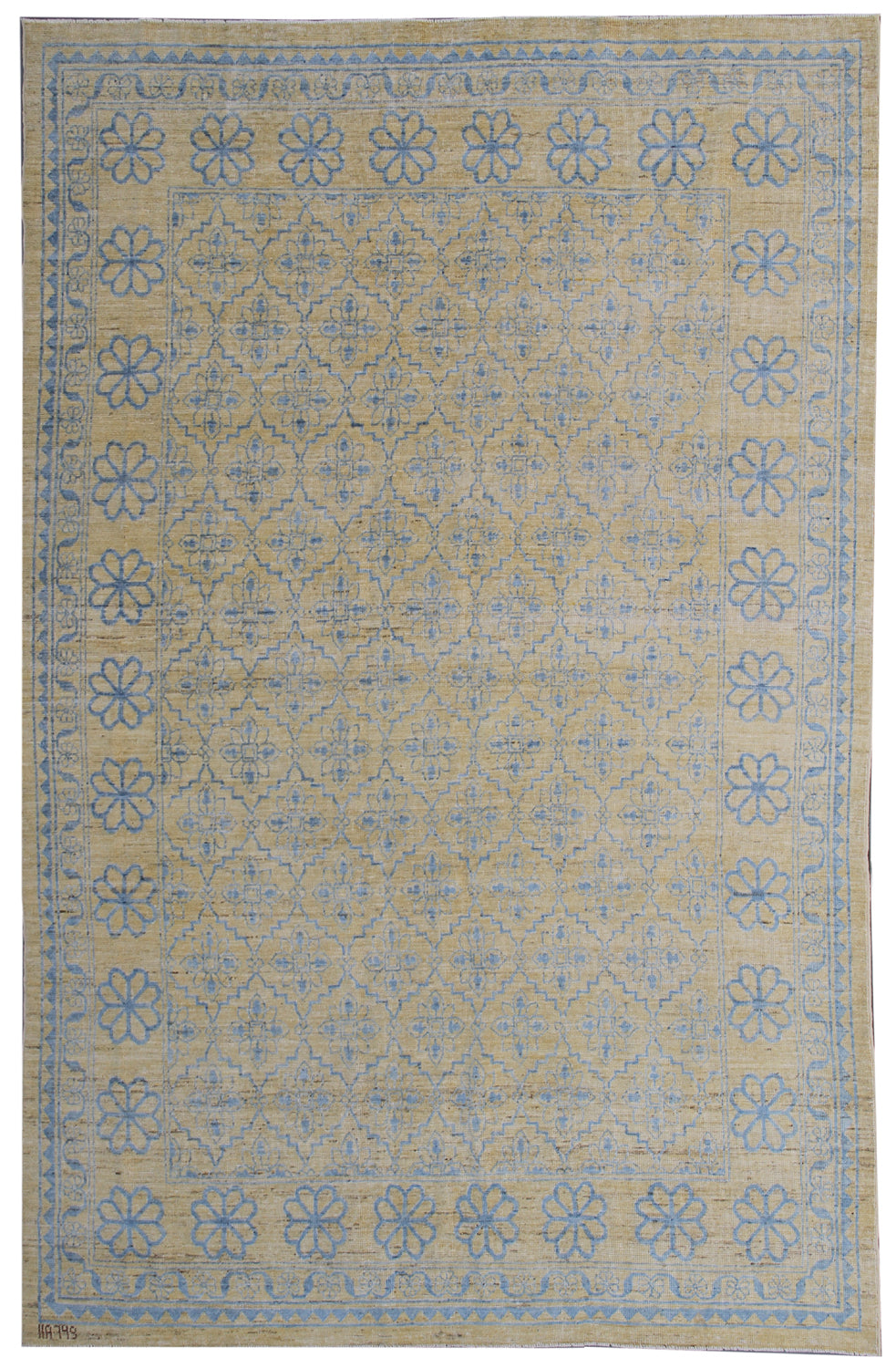 6'x9' Gold and Blue Samarkand Design Ariana Hand Knotted Wool Rug