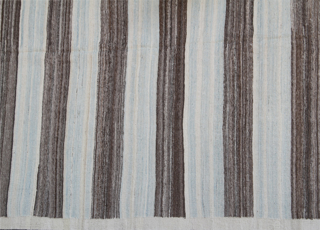 6'x9' Blue, White, Grey Brown Stripe Hand Woven Ariana Kilim Rug