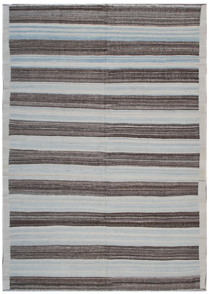 6'x9' Blue, White, Grey Brown Stripe Hand Woven Ariana Kilim Rug