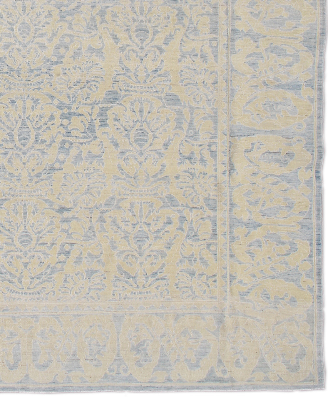9.06 x  7.09 Blue and Soft Gold Spanish Design Hand-Knotted Ariana Transitional Area Rug