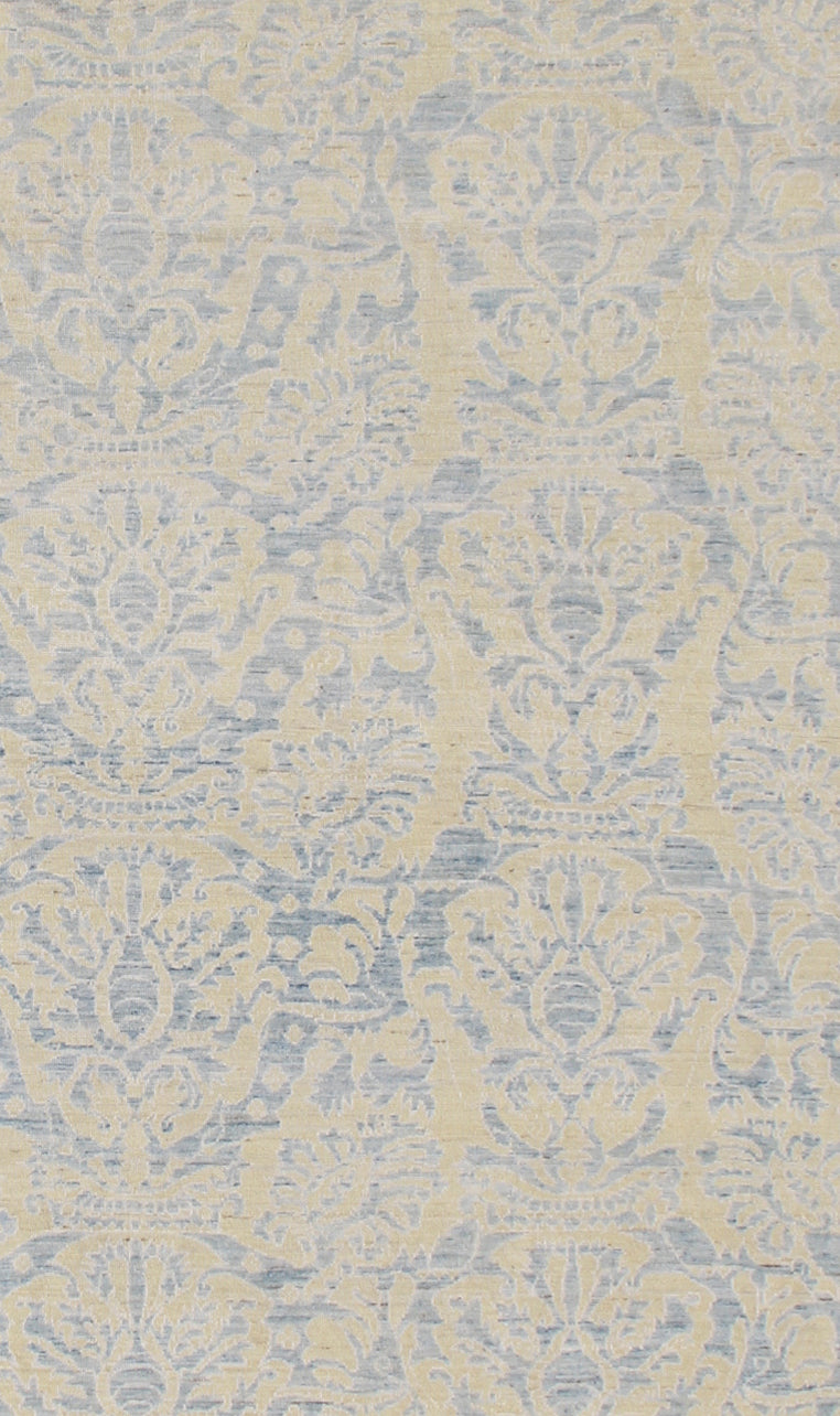 9.06 x  7.09 Blue and Soft Gold Spanish Design Hand-Knotted Ariana Transitional Area Rug