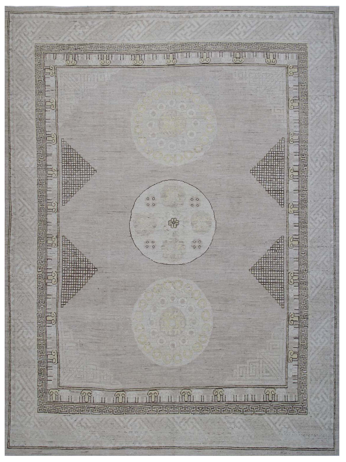 9.07 x  7.09  Soft Color Geometric Samarkand Khotan Design Hand-knotted Wool Ariana Area Rug.
