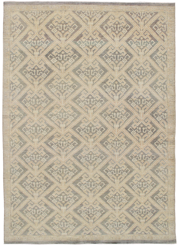 7'x10' Grey Tan Geometric Hand-Knotted Ariana Samarkand Khotan Rug